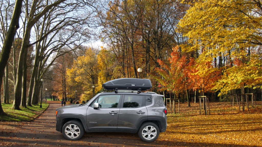 I park my jeep renegade in a park with Thule gray cargo box on top.