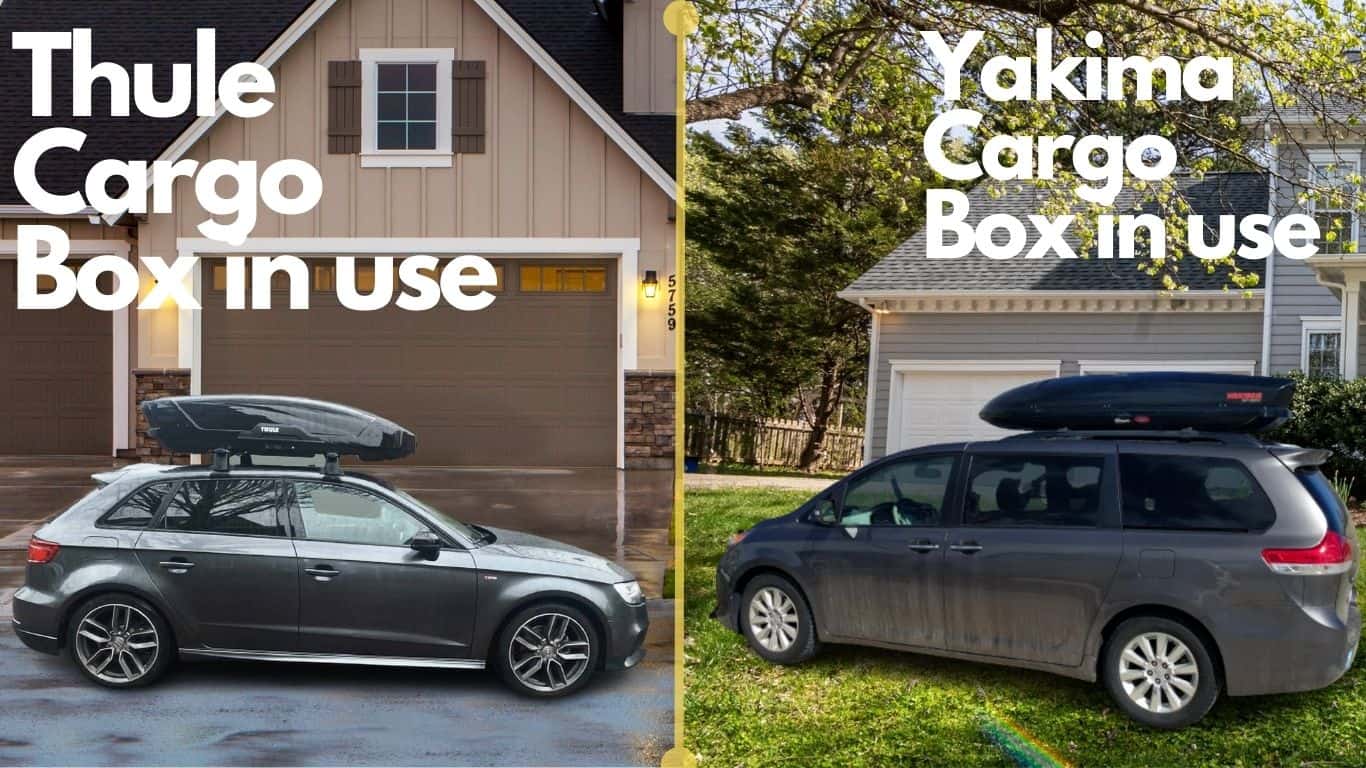 Thule and Yakima cargo boxes are in use for comparison.