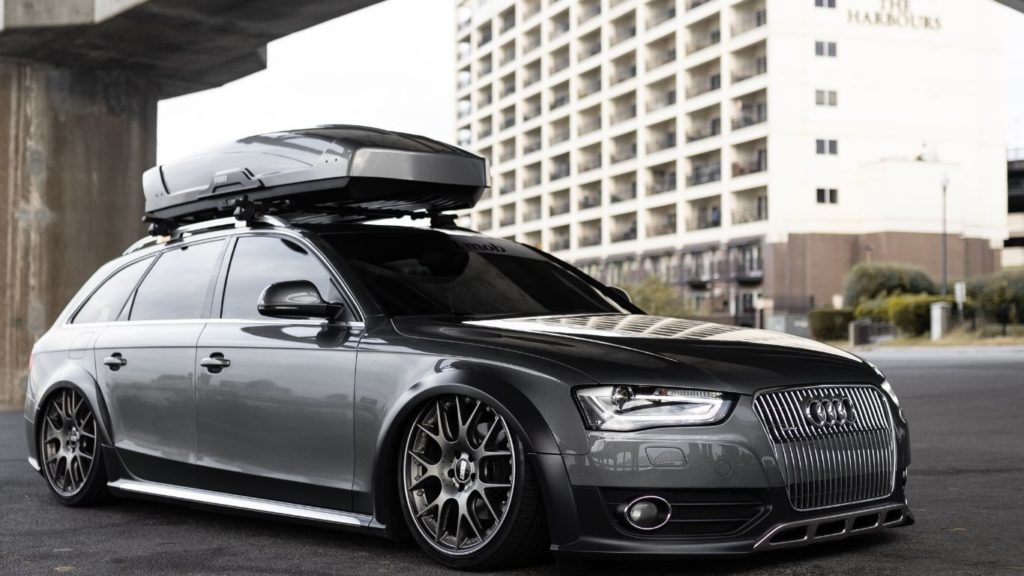 sliver roof box on top of the compact luxury Audi sedan