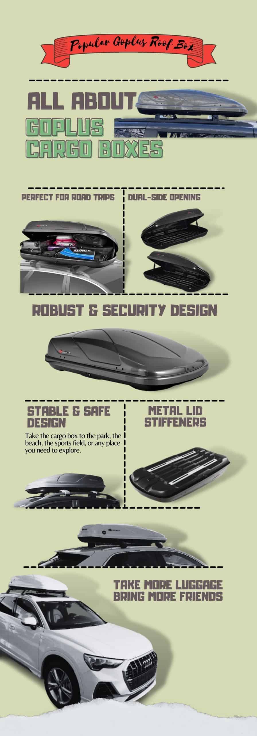 use Goplus roof cargo boxes for road trips, travel, hiking, camping, hunting, skiing, and other outdoor adventures.