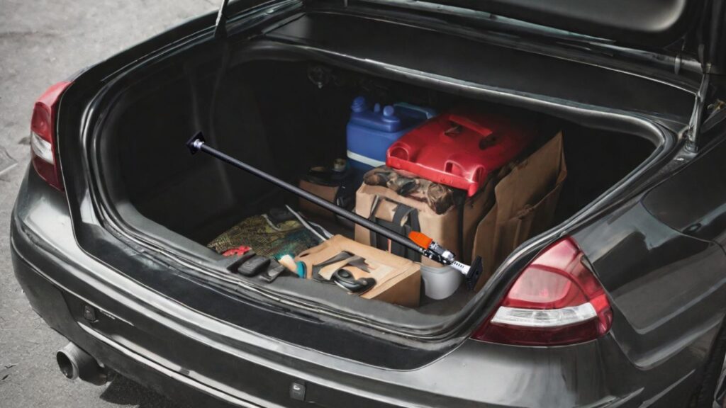 cargo bar in use to separate items in the car trunk