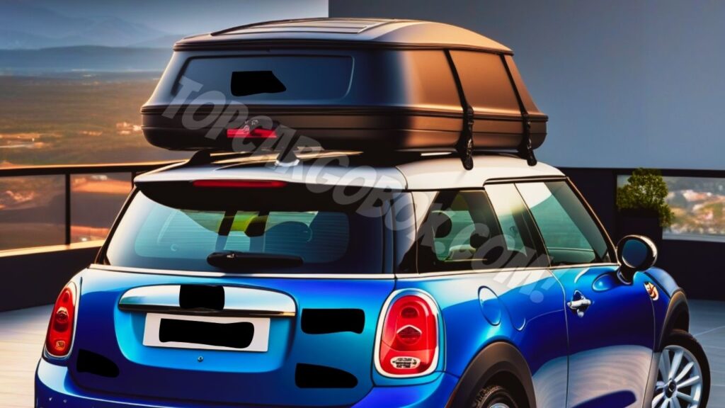 Mini Cooper with a roof-mounted cargo box