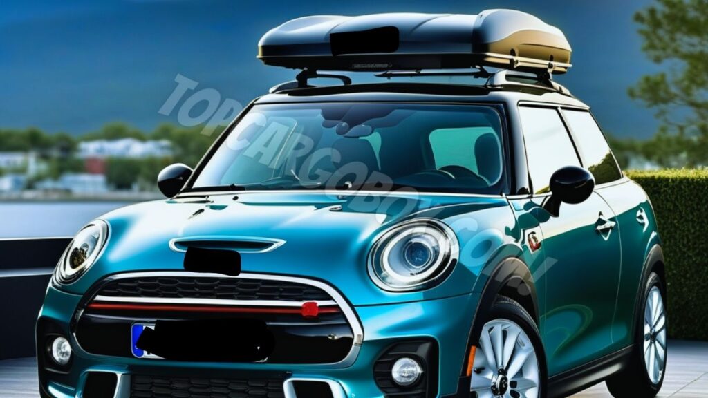 Mini Cooper with a rooftop cargo carrier