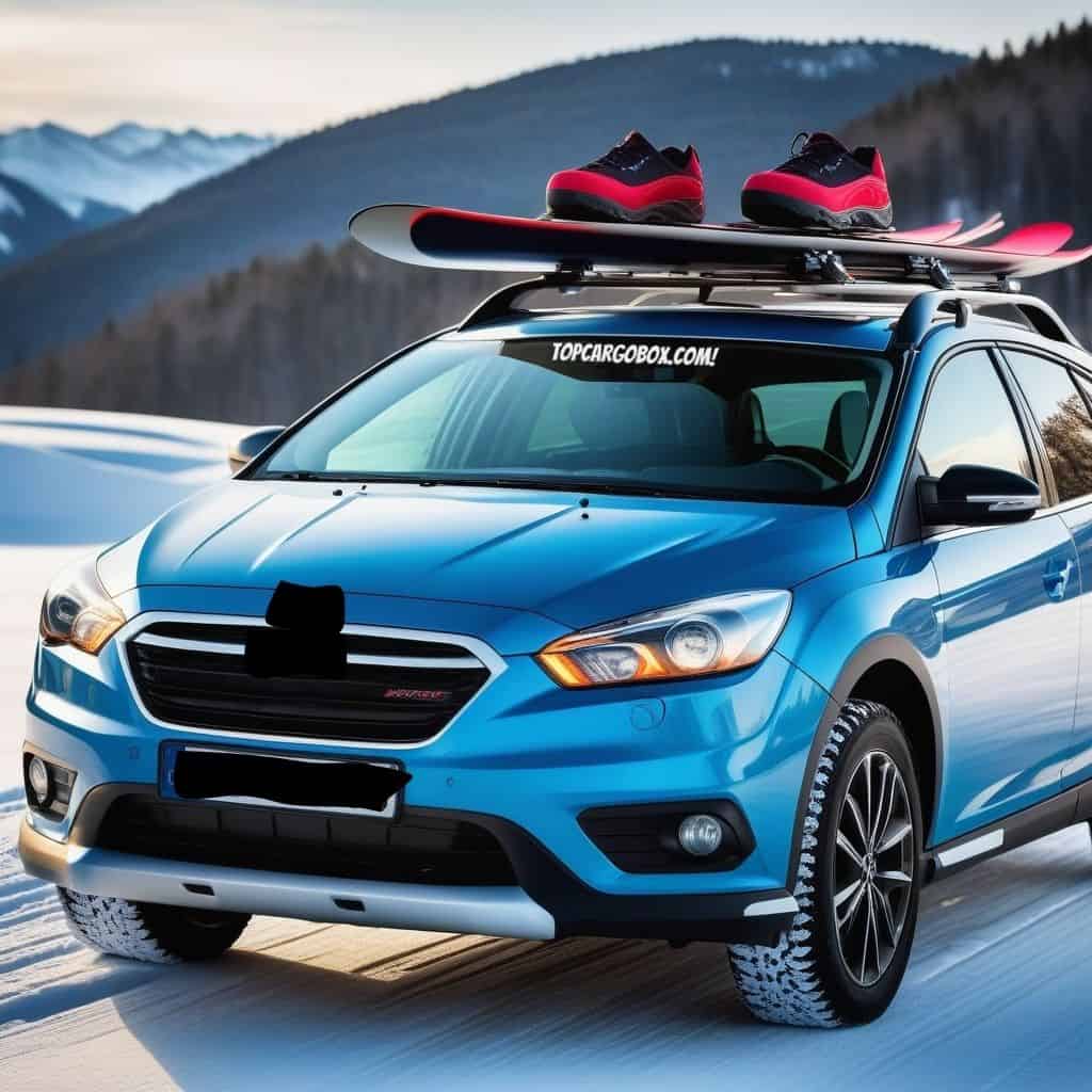 ski carriers on the roof bars in winter