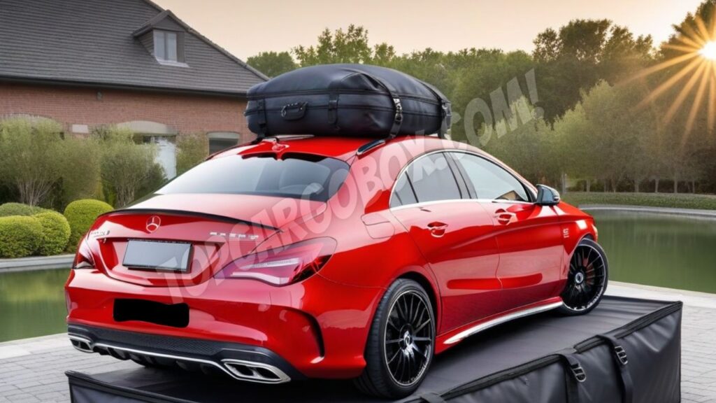 soft cargo bag in use on the roof of a red Mercedes Benz CLA