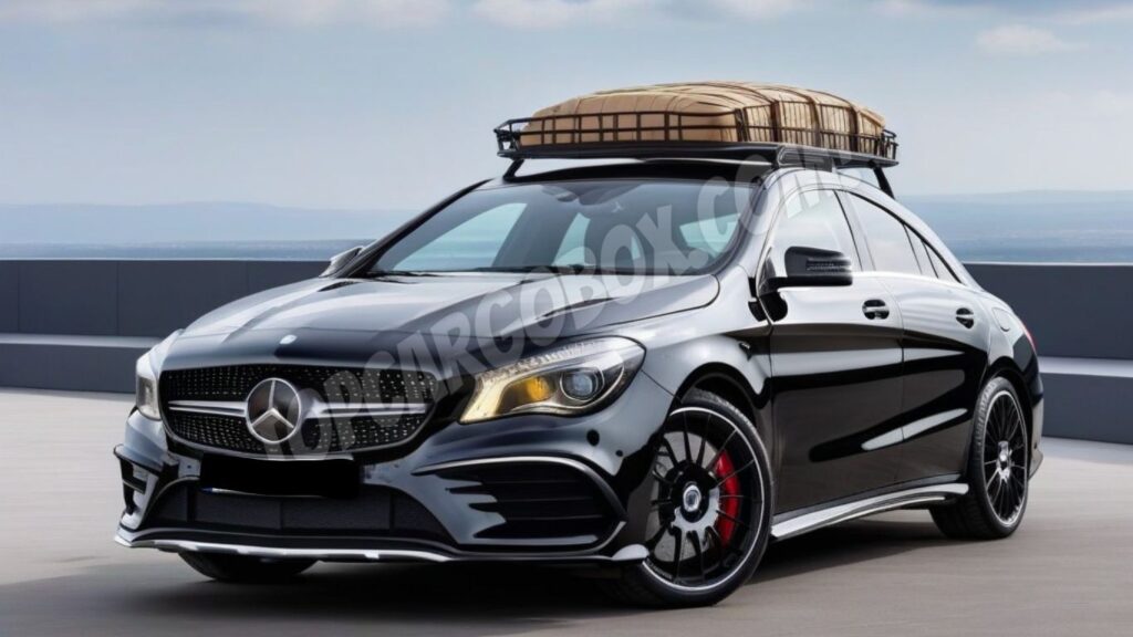 a rooftop cargo basket on Black Mercedes Benz CLA