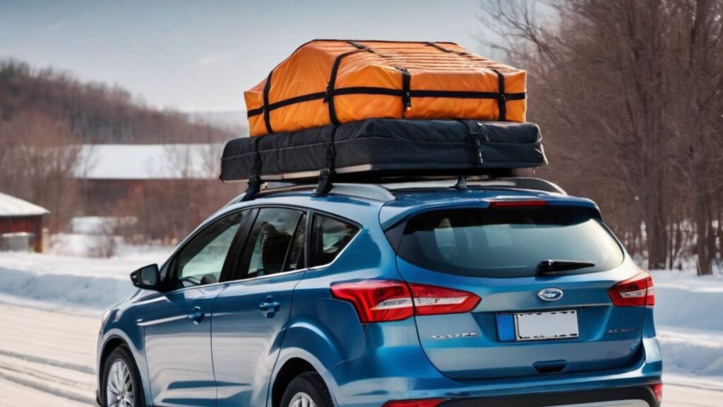 road trip with a rooftop cargo carrier in winter