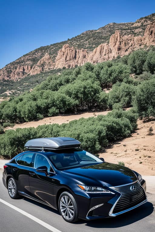 driving a Lexus ES with a rooftop cargo carrier to Austin US