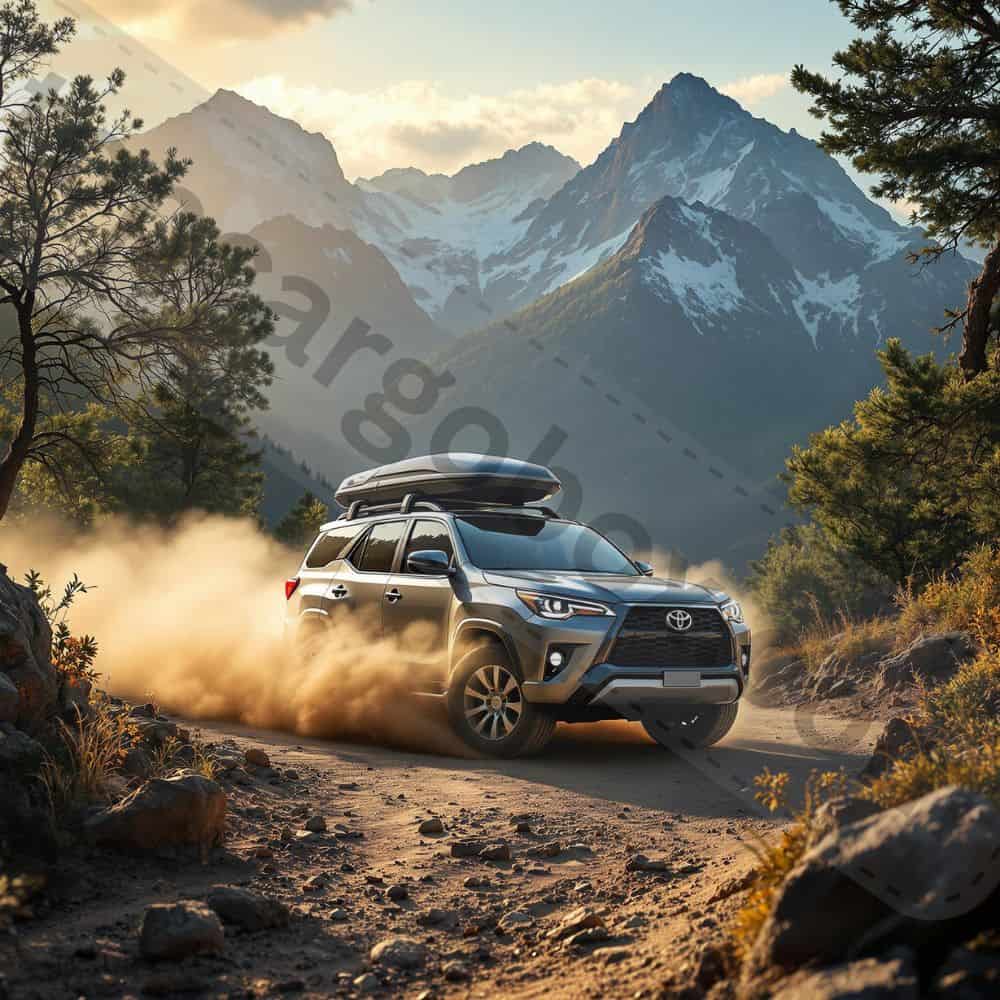 "SUV with roof box navigating crosswinds, demonstrating increased body roll and cautious steering required for safe handling."