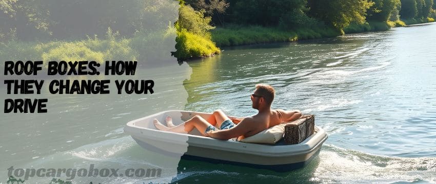 "Modified roof box with marine-grade silicone seals and attached pool noodles being tested as emergency flotation device in water."