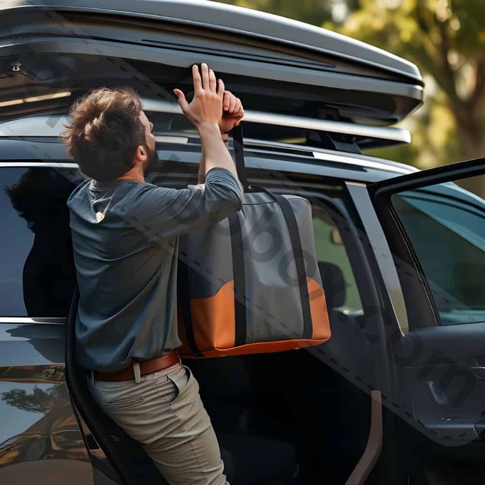 "Comparison image showing properly packed vs overloaded roof box with weight distribution diagrams highlighting safety risks of overpacking."
