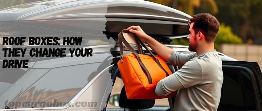 "Overpacked roof box bursting with unnecessary gear like extra coolers and unused camping equipment demonstrating the 'roof box effect'."