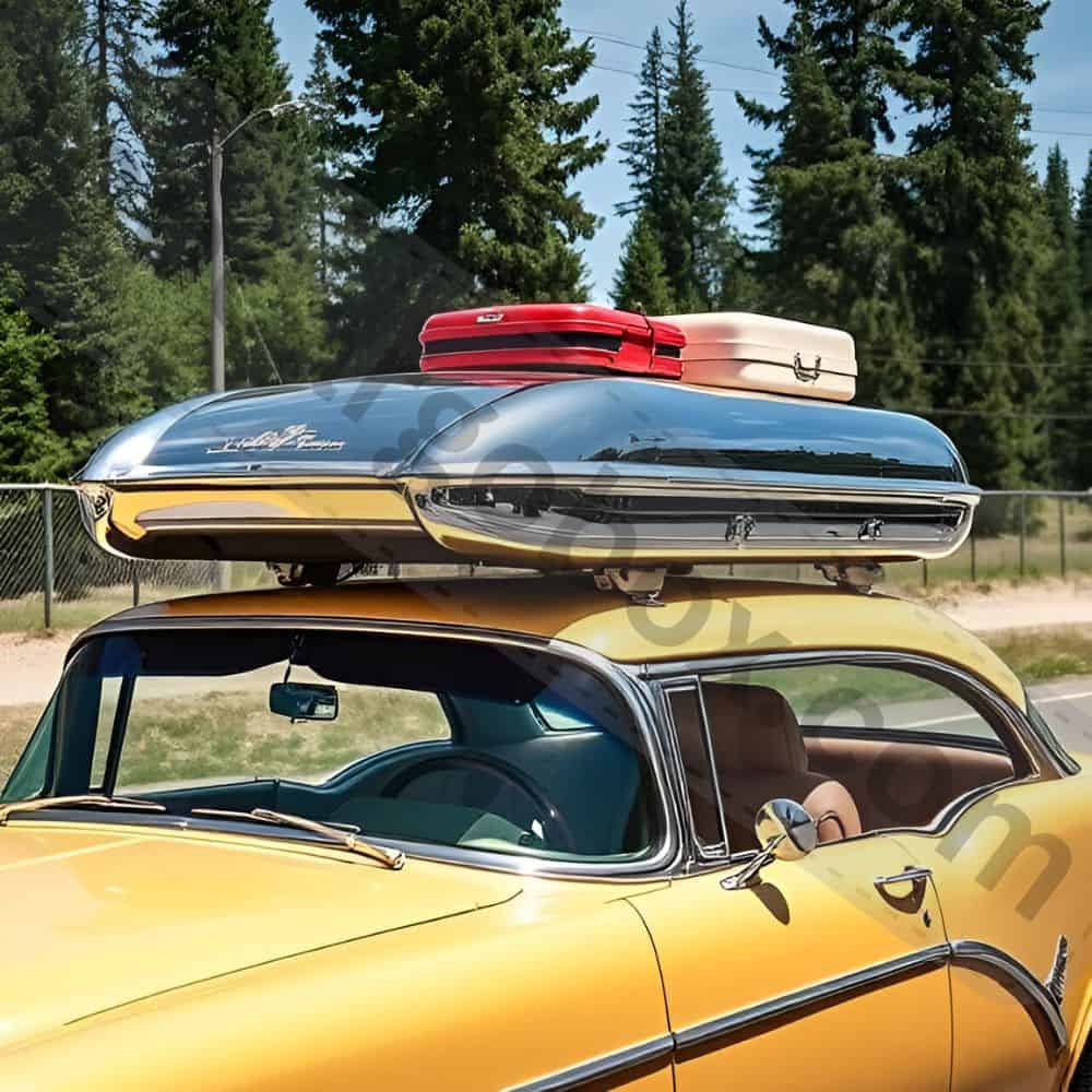 Side-by-side comparison of a rustic wooden 1930s roof crate and a streamlined 1980s aluminum carrier, showcasing design evolution.