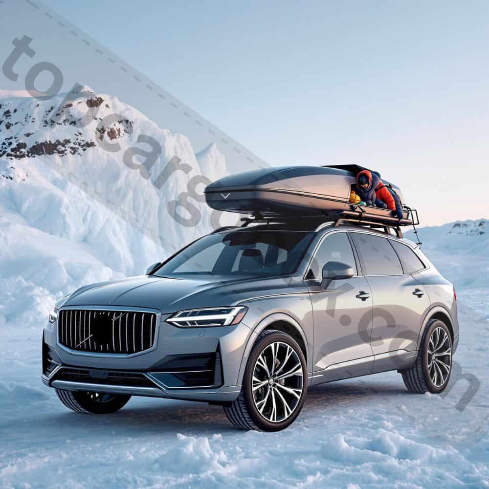 "A sleek black roof box with an added PVC wind deflector, reducing drag in harsh Arctic winds. Snow blows past the streamlined design, demonstrating improved stability for long expeditions."