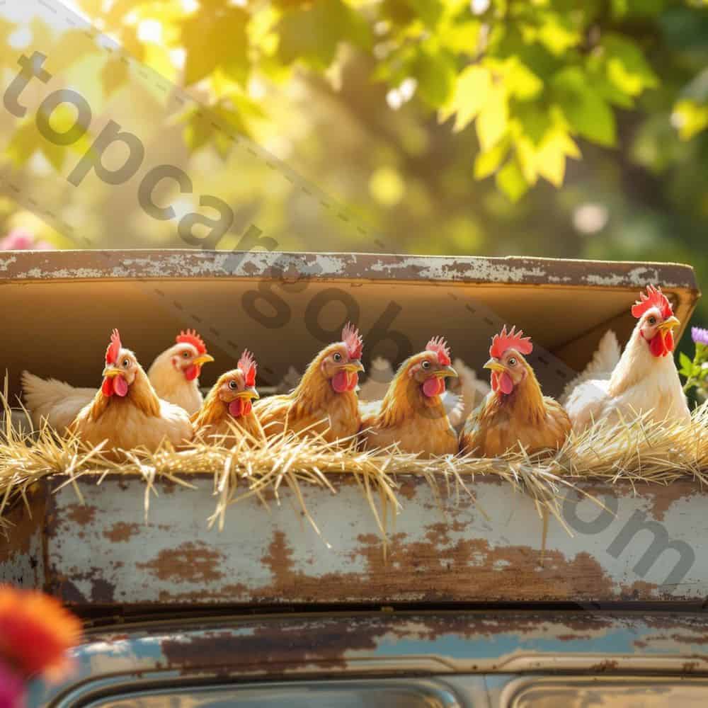 "Side-by-side comparison of a standard roof box and its clever conversion into a mobile chicken coop, highlighting ventilation and nesting areas."