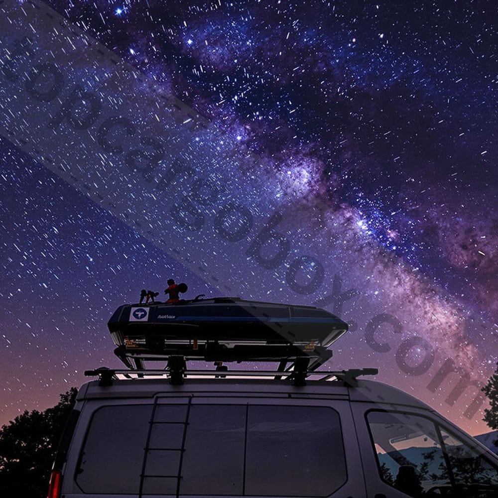 A roof box lined with black adhesive felt to block stray light, perfect for storing astrophotography gear during dark-sky adventures.