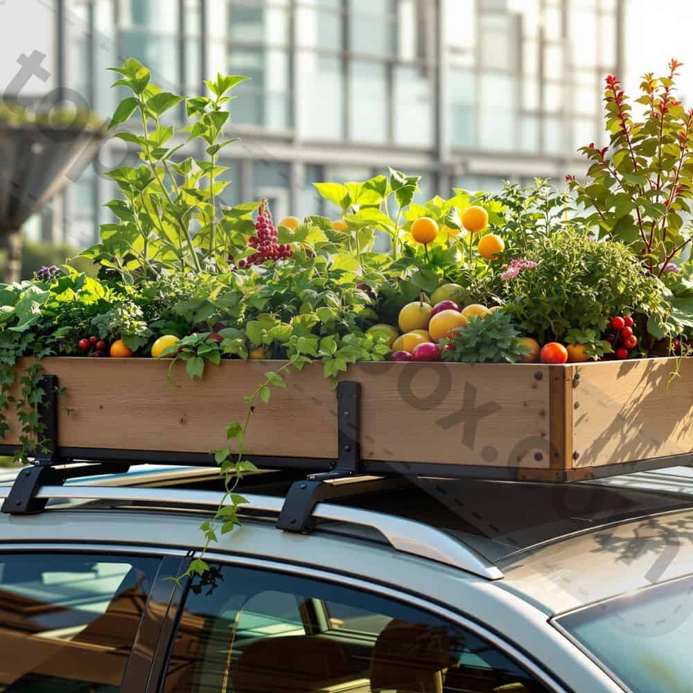 A person harvesting fresh vegetables from their car-top garden, proving that sustainable food can grow anywhere—even in traffic.