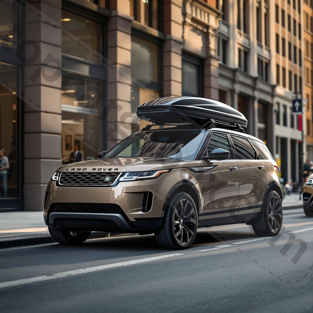 Portable Podcasting Power – A roof box mounted on a car with solar panels, a portable power station, and recording gear for off-grid podcasting sessions.