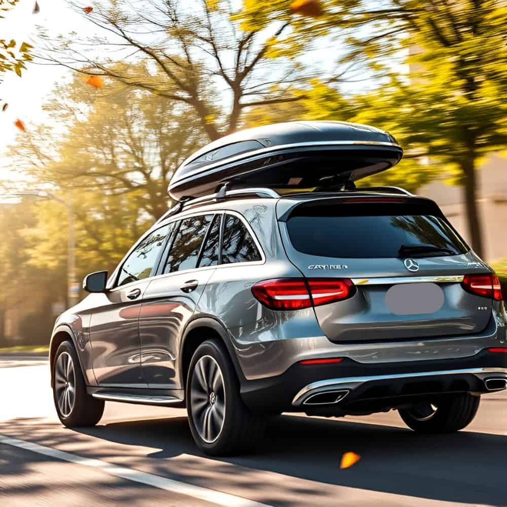 Overstuffed car trunk with suitcases and camping gear, illustrating the need for additional roof box storage.
