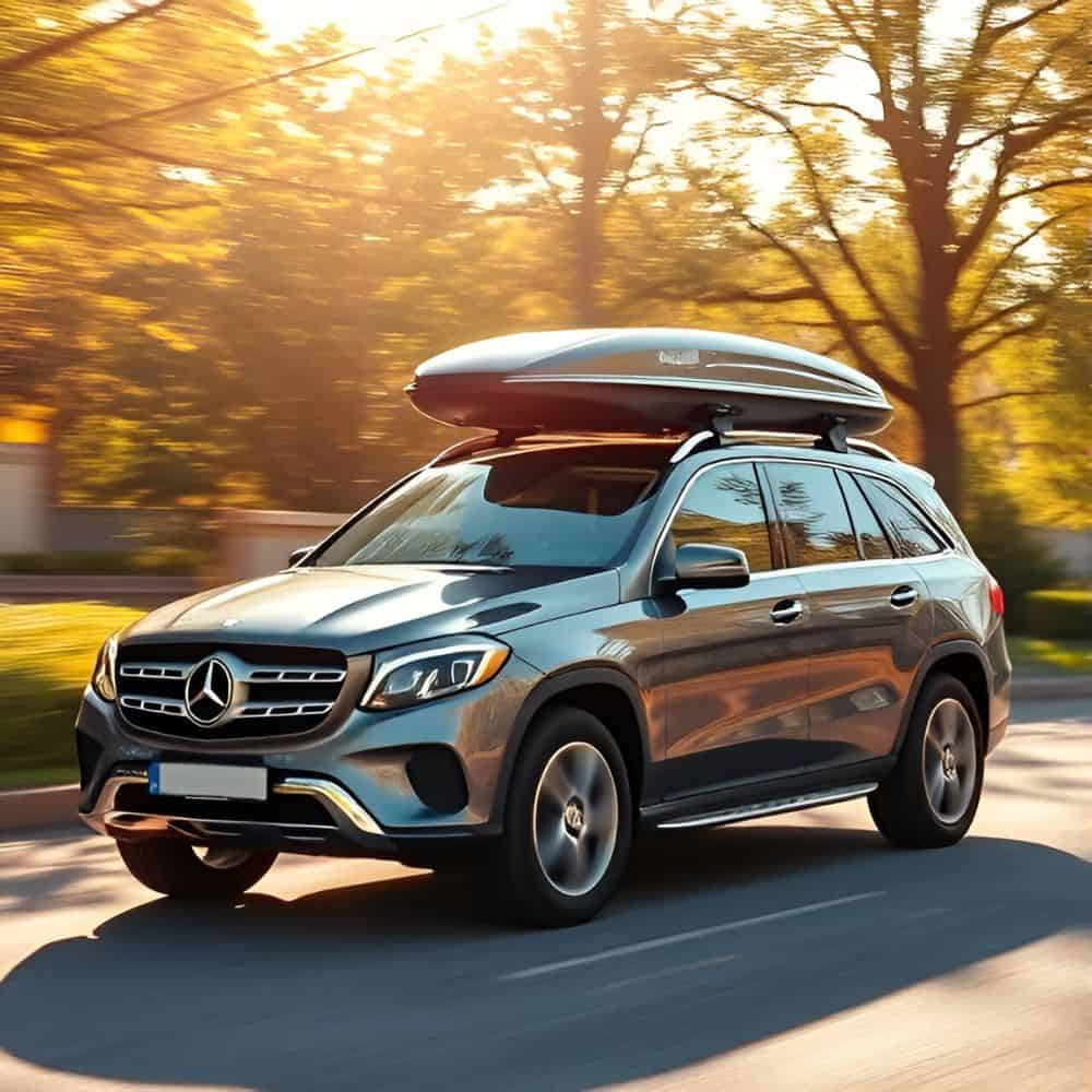 Waterproof rooftop cargo box protecting luggage and equipment from rain during a family road trip.