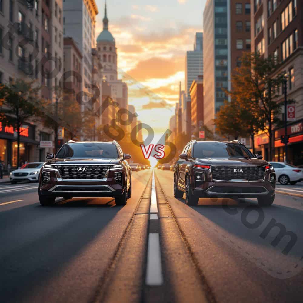 "Overhead shot showing the Palisade's sleek, bright paint options contrasting with the Telluride's matte, nature-inspired color palette for outdoor-ready aesthetics."