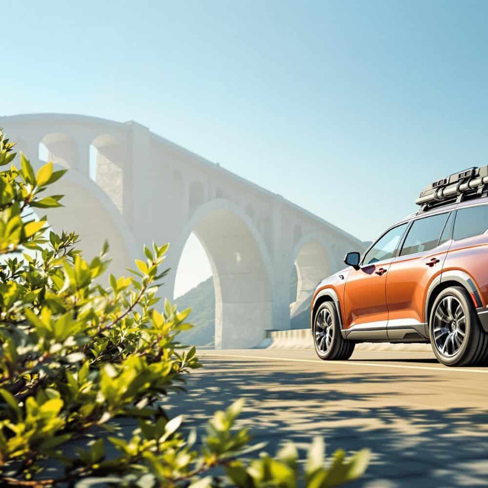 "Hyundai Palisade driving on a highway with a fuel efficiency display showing real-world MPG results."