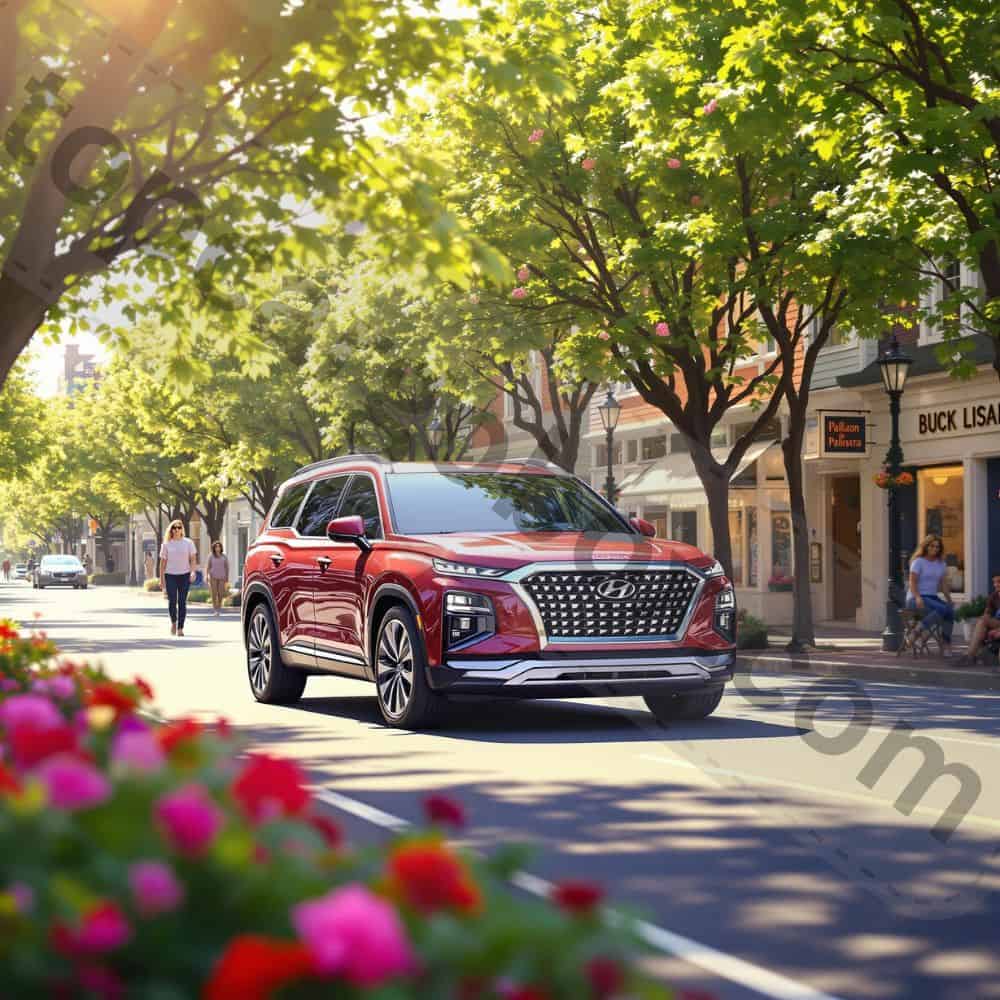 "A sleek Hyundai Palisade SUV with sharp LED headlights and a bold grille stands out in a parking lot, turning heads with its premium design."