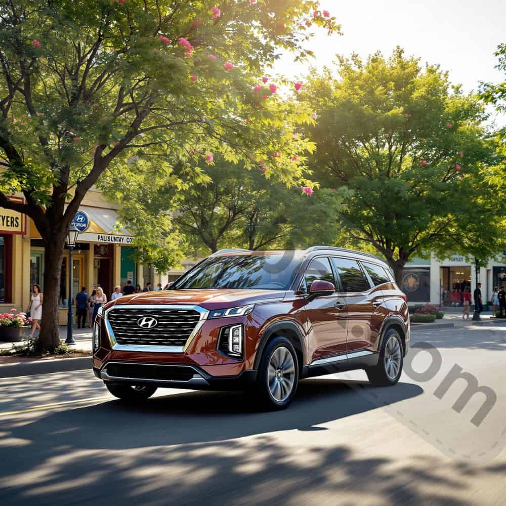 "Close-up of the Palisade's glossy black trim and Steel Graphite paint, showing off its upscale styling after 18,500 miles of daily use."