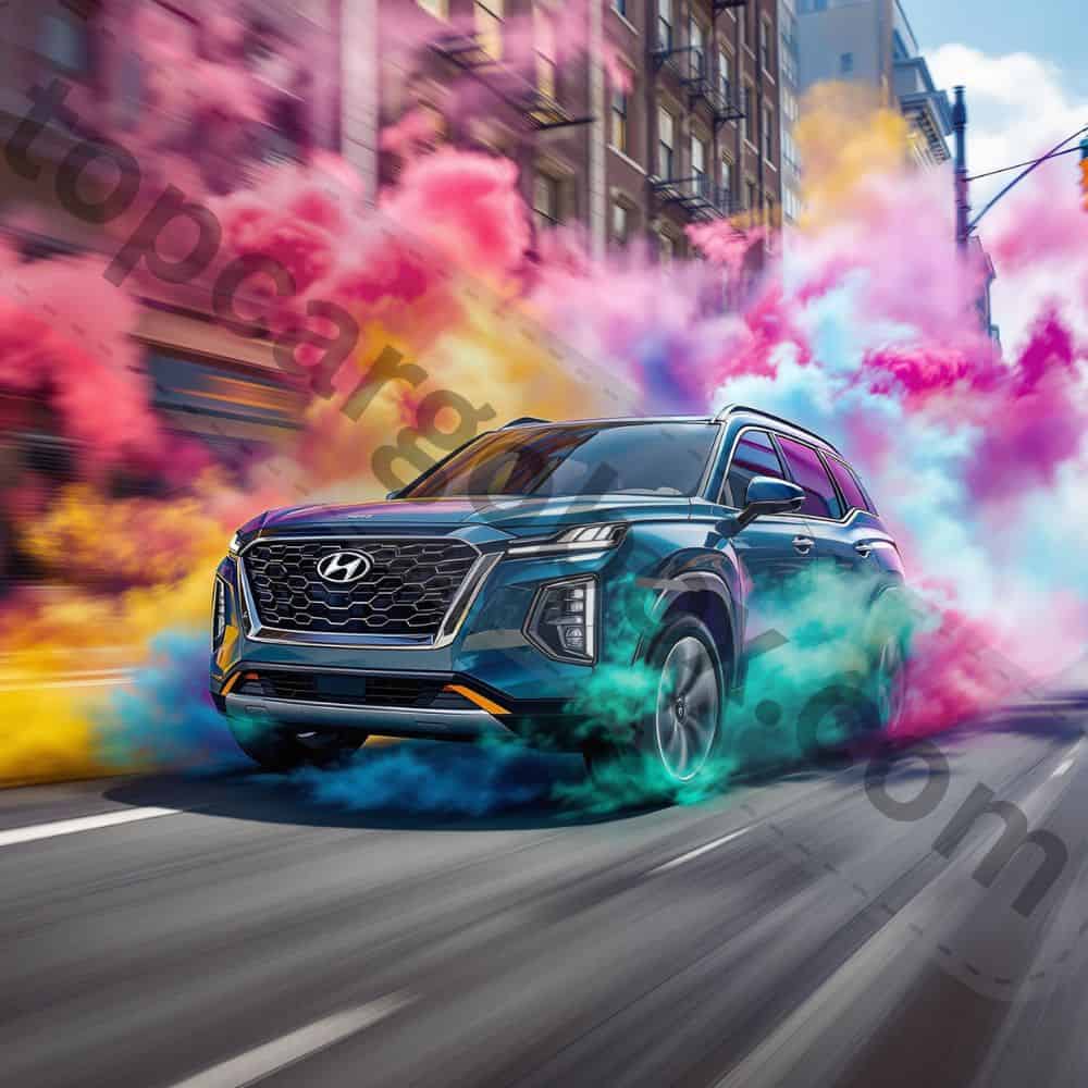 Tech & Features: A family explores the Hyundai Palisade’s spacious interior, checking out the large touchscreen and third-row seating.
