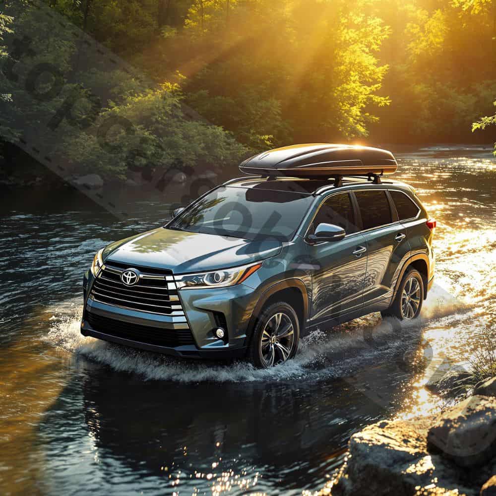 A fully loaded rooftop box carrying camping equipment, skis, and travel bags, keeping the car's interior clutter-free and organized.