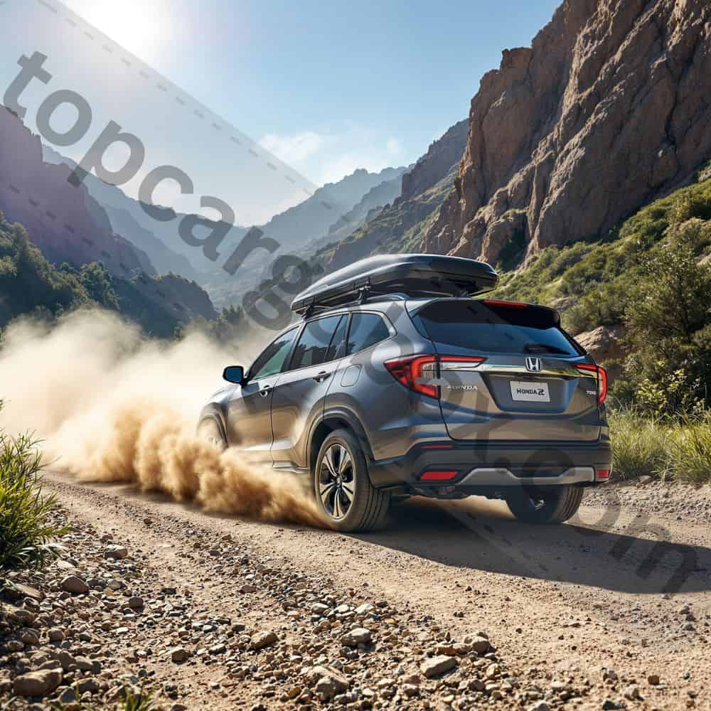 Roof box mounted on a car with ample storage - displaying skis, camping gear, and a drum set neatly organized inside.