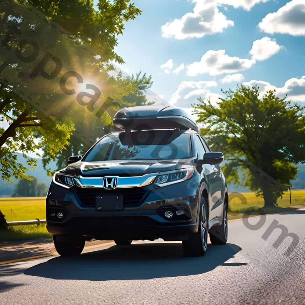 "Roof box mounted on a car, demonstrating how it adds 450+ liters of extra storage for road trips."