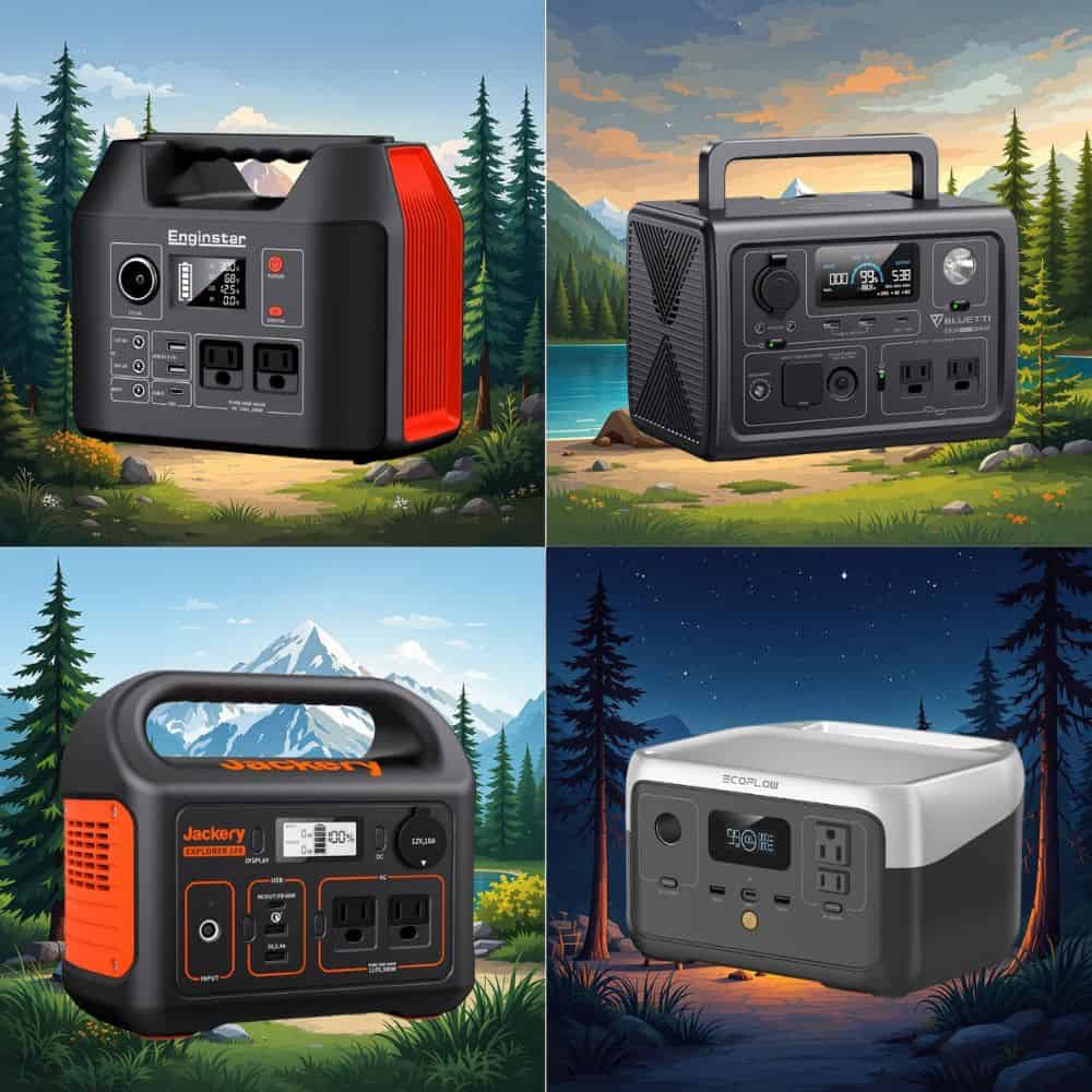 "Detailed comparison table showing four portable power stations: EnginStar 300W, Jackery Explorer 300, BLUETTI EB3A, and ECOFLOW RIVER 2."