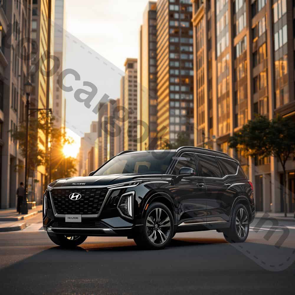 "Rear view highlighting the Palisade SE's 8-passenger seating configuration with second-row bench seat."