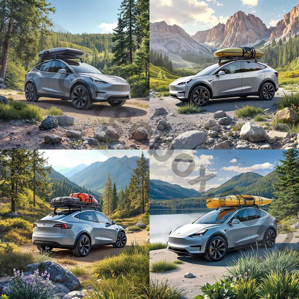 "Side-by-side comparison showing Tesla OEM rack (left) and AUXPACBO rack (right) mounted on identical Model Y vehicles."
