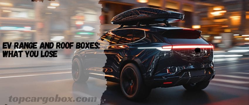 Aerodynamic roof box on an electric car – A sleek, teardrop-shaped cargo box mounted on top of an EV, illustrating how design impacts range efficiency.