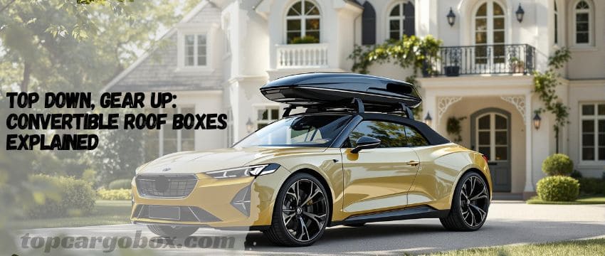 A sleek convertible with a low-profile roof box mounted securely on specialized crossbars, cruising down a scenic highway with the top down.