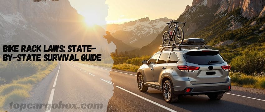Illustrated map of the U.S. highlighting key state bike rack laws, including license plate visibility, lighting requirements, and load security regulations.