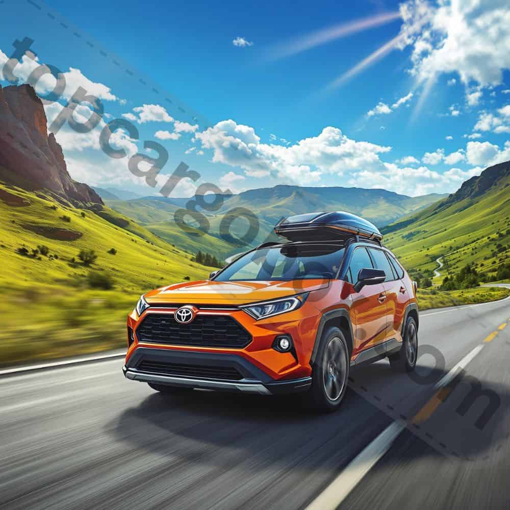 "A Toyota RAV4 cargo area with the floor panel lifted, revealing a hidden storage compartment perfect for emergency kits and tools."