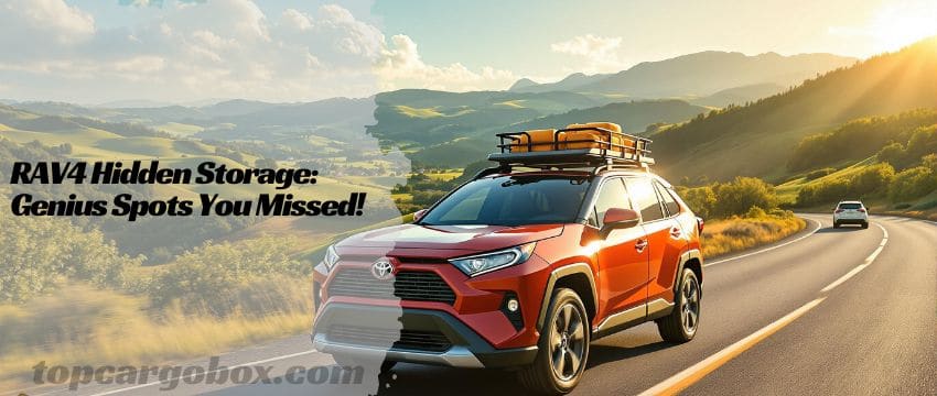 "Organized RAV4 center console with removable tray, exposing a deeper hidden compartment for valuables and vehicle documents."