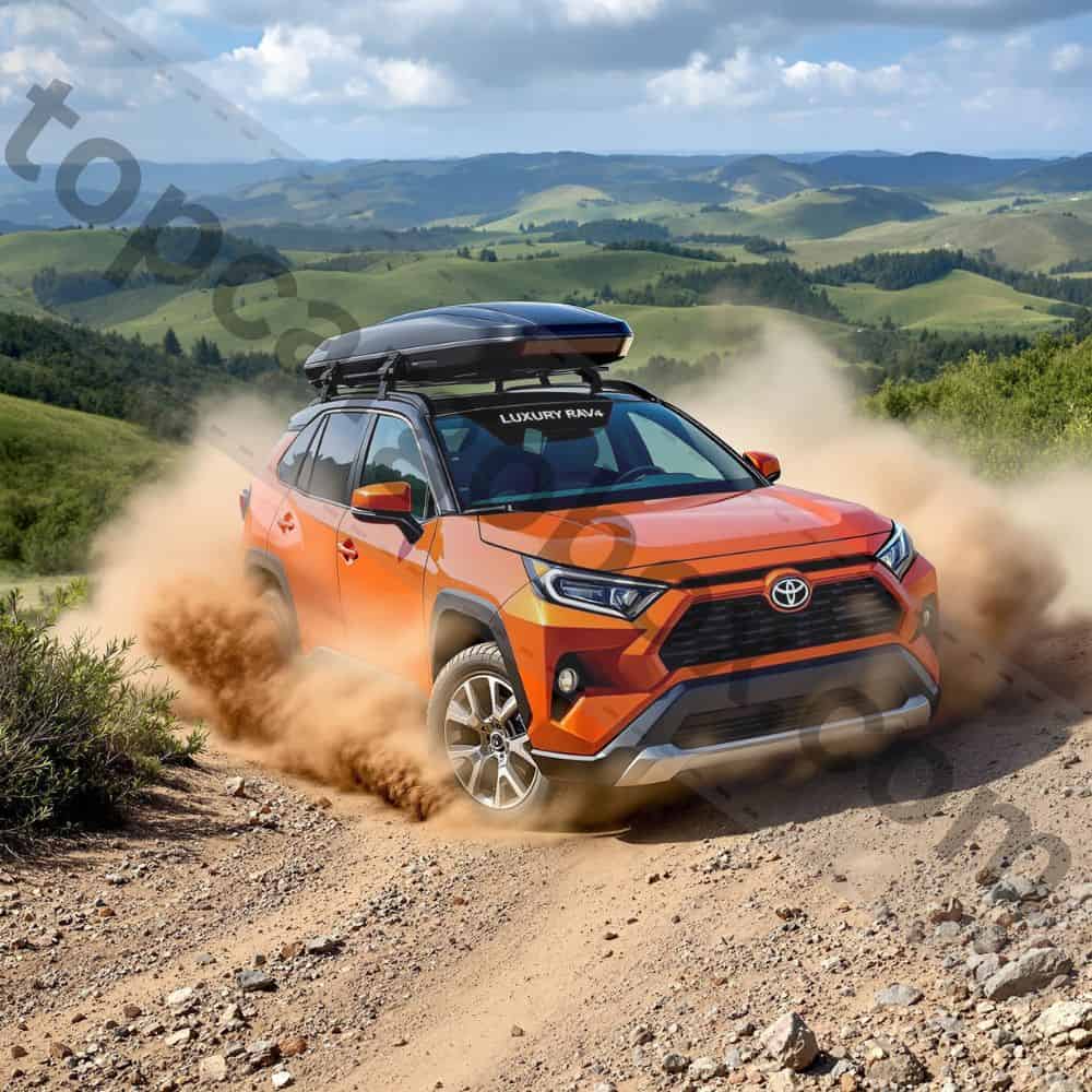 "Toyota RAV4 cargo area with seats folded, showing spacious storage perfect for road trips and outdoor gear."

