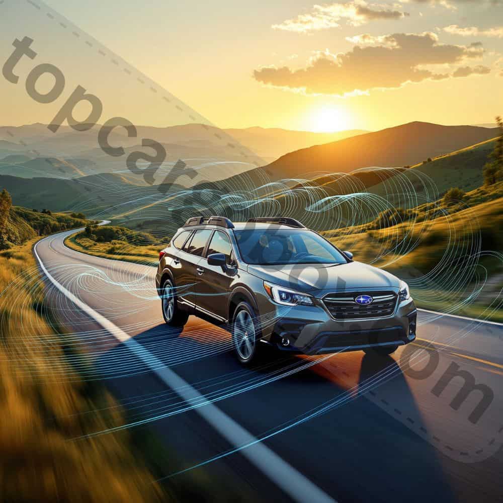 "A Subaru Outback cruising on a scenic highway, demonstrating its real-world fuel efficiency with a roof cargo box attached."