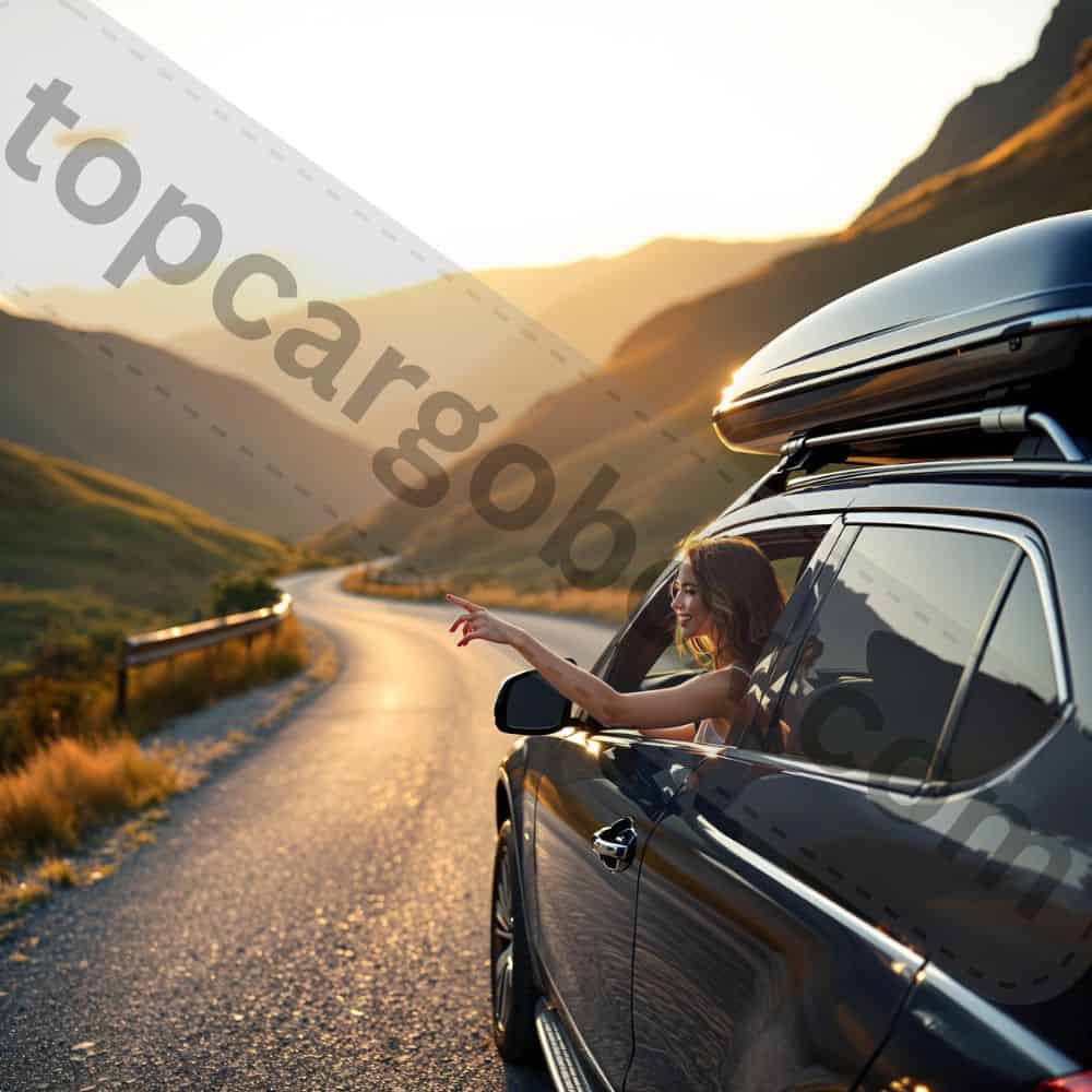 A car speeding down the highway with a roof cargo box, illustrating the dangers of opening it while driving.