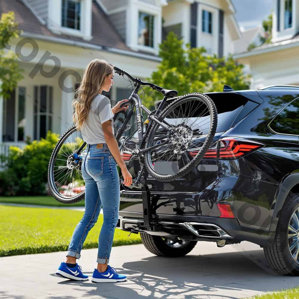 A parked car with an empty hitch rack—demonstrating the risk of leaving bikes unattended.
