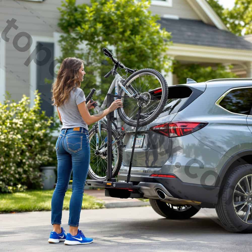 A cyclist removing their bike from a rack to lock it to a fixed object like a bike rack.
