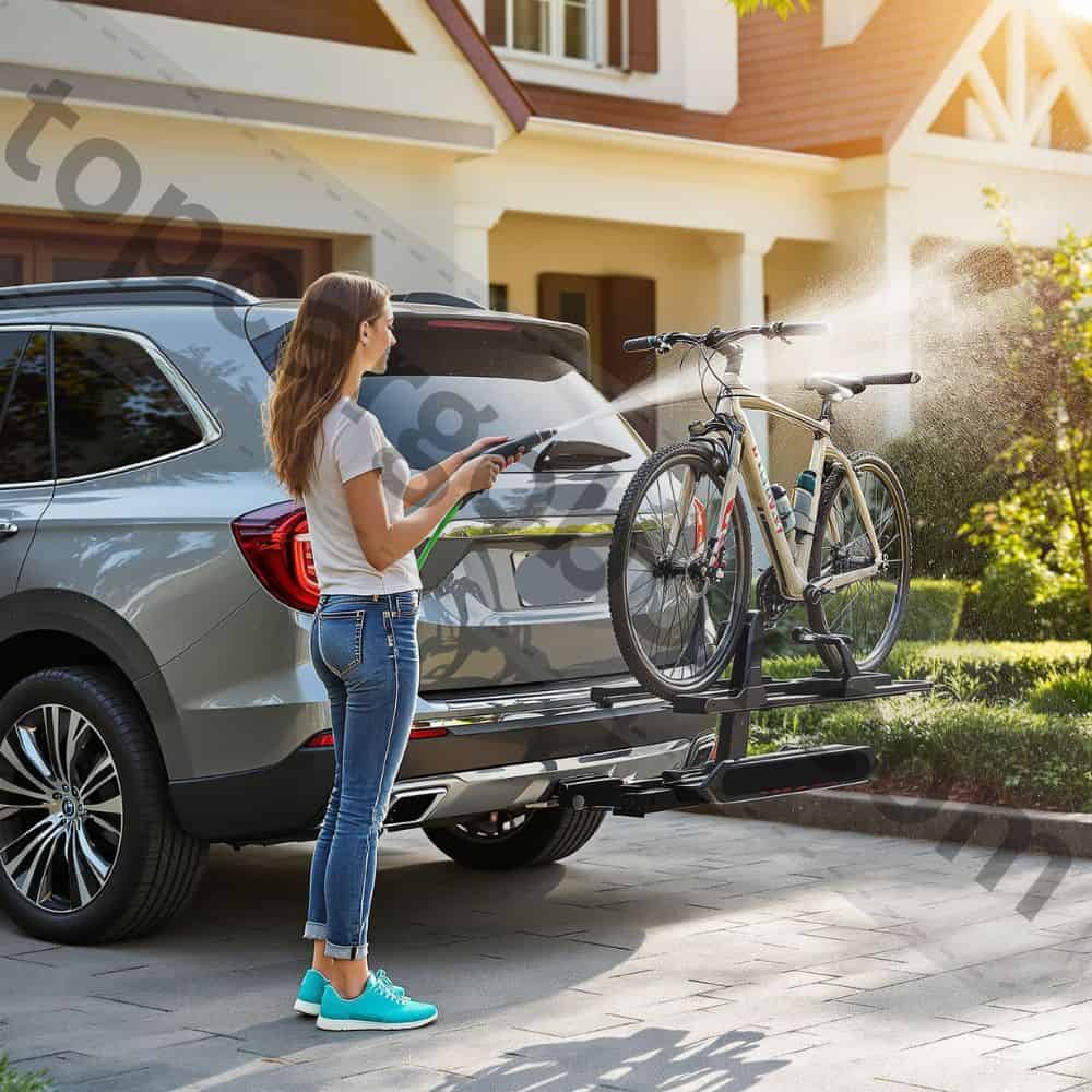A close-up of a muddy bike rack attached to a car, showing dirt buildup around the hitch and mounting points.