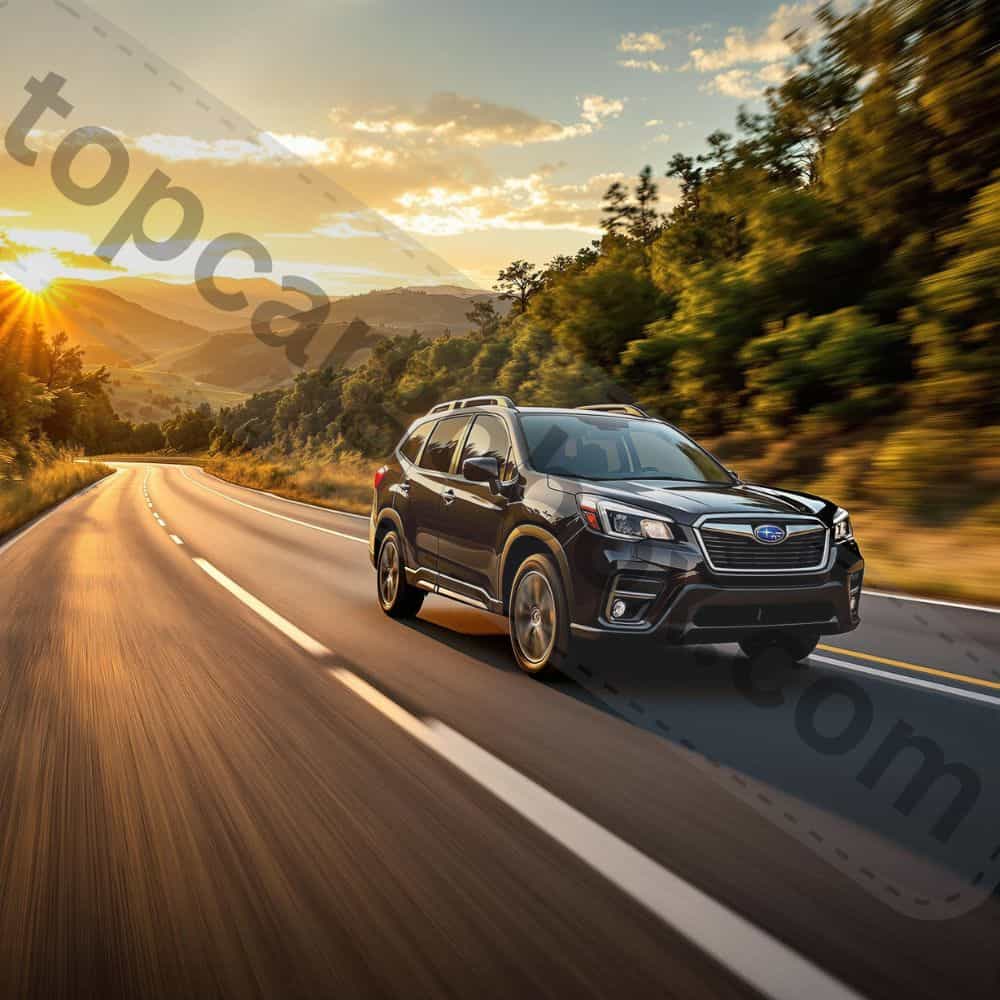 "A Subaru Forester driving on a scenic highway, showcasing its fuel efficiency in real-world conditions."
