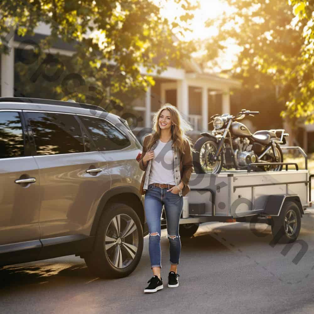 A Subaru Ascent hitched to a mid-sized travel trailer on a scenic mountain road, showcasing real-world towing capability.