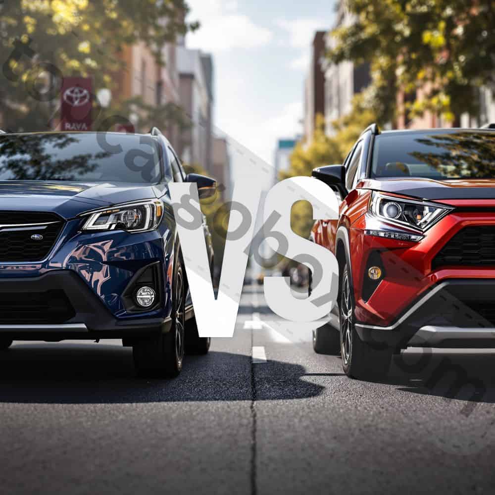 Side-by-side comparison of the rugged Subaru Crosstrek Hybrid and the larger Toyota RAV4 Hybrid, showcasing their distinct exterior styling and compact vs. midsize SUV profiles.