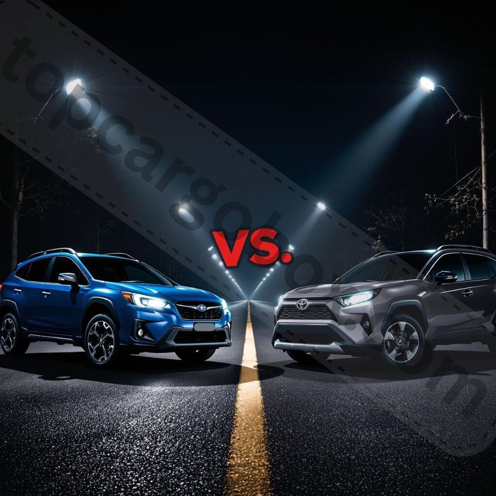 Interior dashboard view highlighting the Crosstrek Hybrid's 8-inch infotainment screen and utilitarian layout versus the RAV4 Hybrid's available 10.5-inch display and more upscale cabin materials.